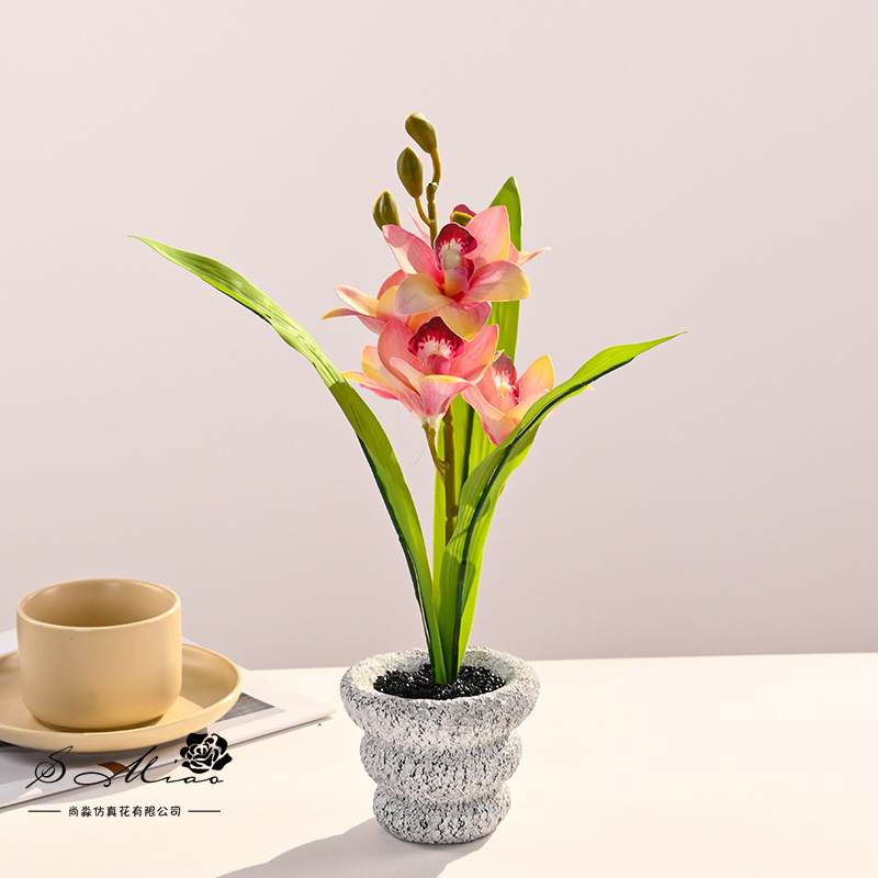 Bonsái de Cymbidium Artificial de 5 Cabezas, Flor de Seda, Decorativo, para Hogar y Estudio Fotográfico