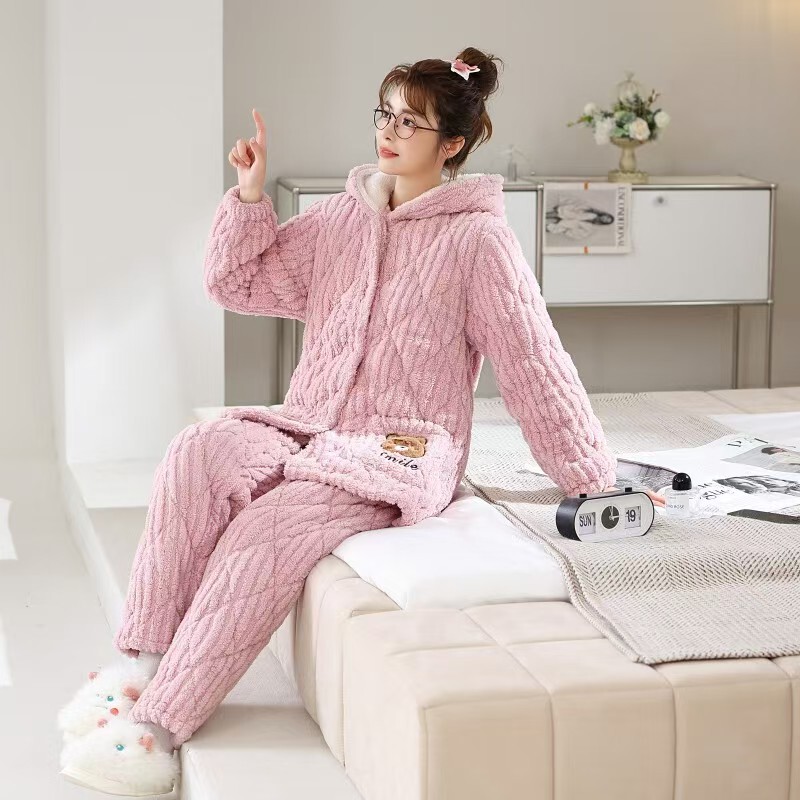 Pajamas for Women in Autumn, High-End Velvet Warm Long-Sleeved Pajamas Two-Piece Set, Thickened Home Clothes Set