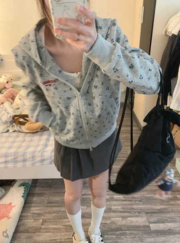 Women's American Retro Floral Hooded Sweatshirt Coat Spring and Autumn Casual Loose Design Fashion Versatile Cardigan