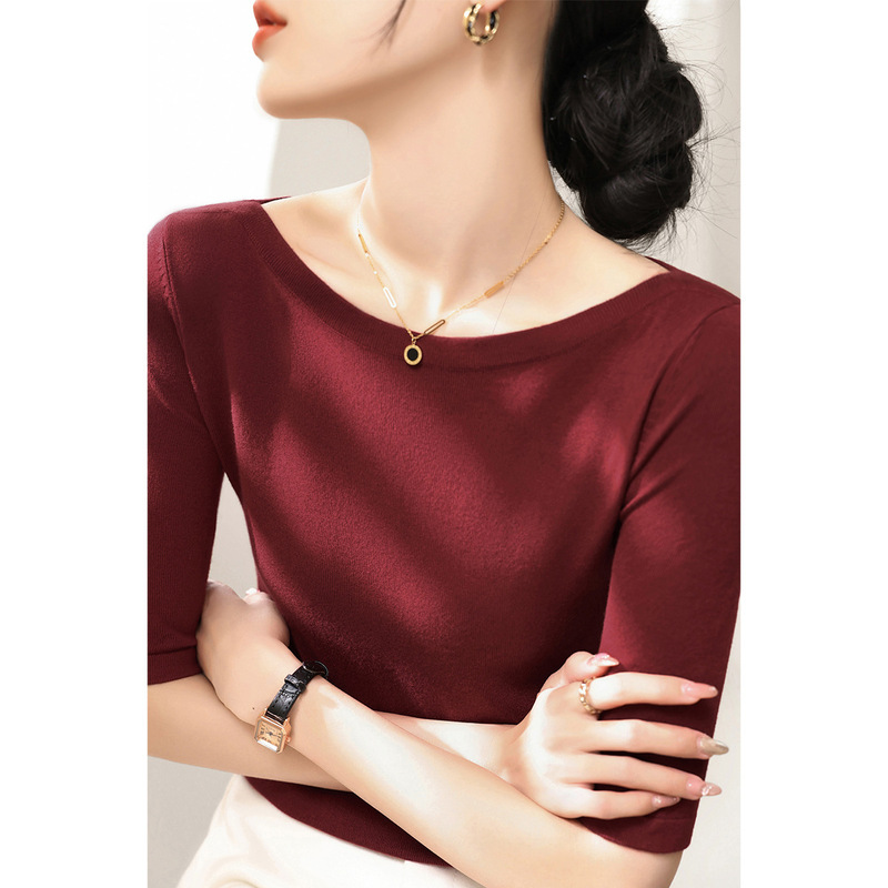 Burgundy French One-Line Collar Top 2025 Early Autum New Loose Slimming Look Three-Quarter Sleeve Knitwear for Women Burgundy French One-Line Collar Top 2025 Early Autum New Loose Slimming Look Three-Quarter Sleeve Knitwear for Women