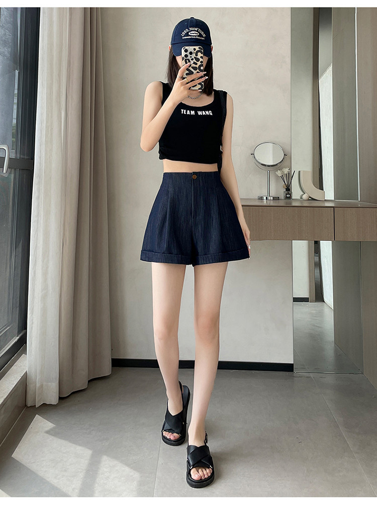 Quần short jean nữ lưng cao ống rộng gấu cuộn — màu đen chi tiết 31