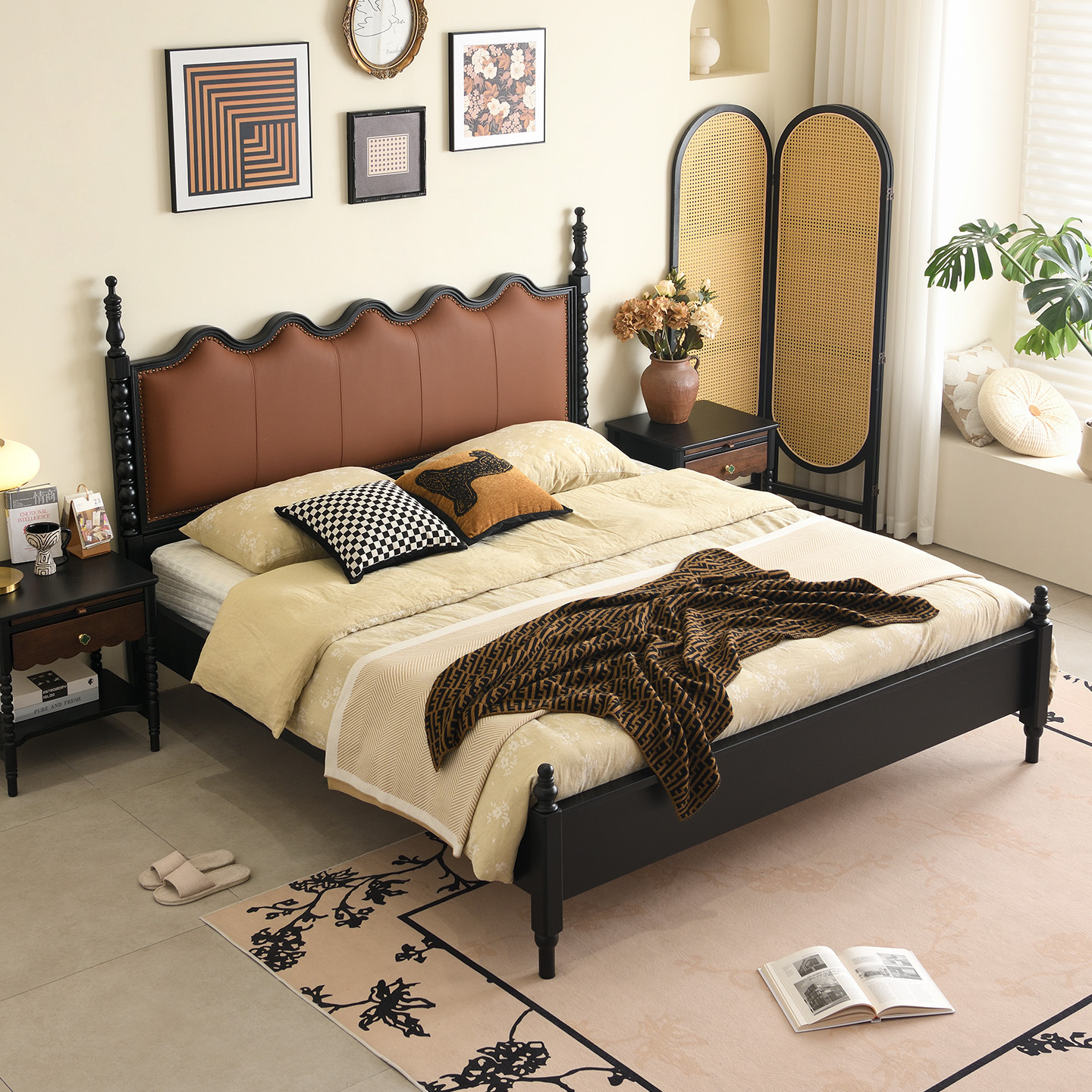 Cama de madera maciza de cuero suave estilo francés ondulado retro Sena cama doble cama principal estilo americano cama de almacenamiento estilo medieval