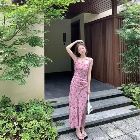 Beach Vacation Pink Floral Strappy Dress for Women 2025 Summer New Model Fitted Elegant Exquisite Sleeveless Long Dress
