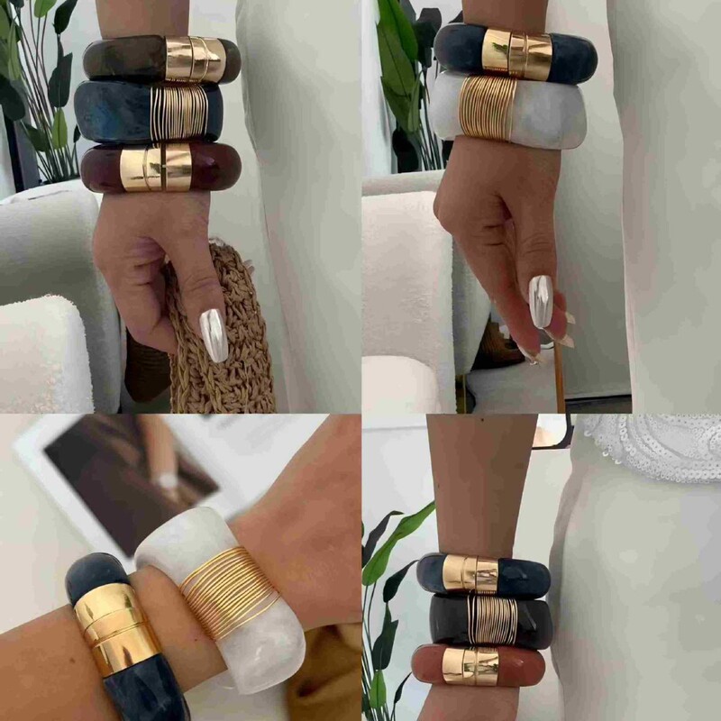French-style vintage wide bracelet with imitation wood grain and marble pattern, gold-colored, light luxury open bangle French-style vintage wide bracelet with imitation wood grain and marble pattern, gold-colored, light luxury open bangle