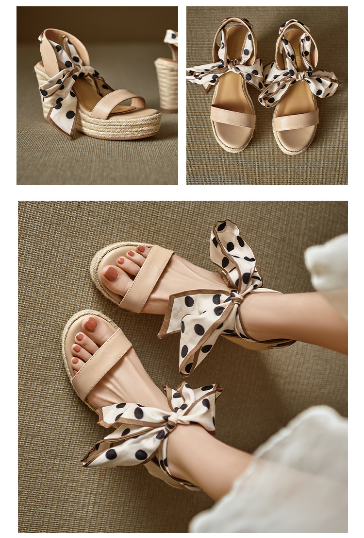 Sandal cao gót nữ hở mũi đế xuồng đan rơm, phối nơ và chấm bi — màu trắng, màu mơ chi tiết 9