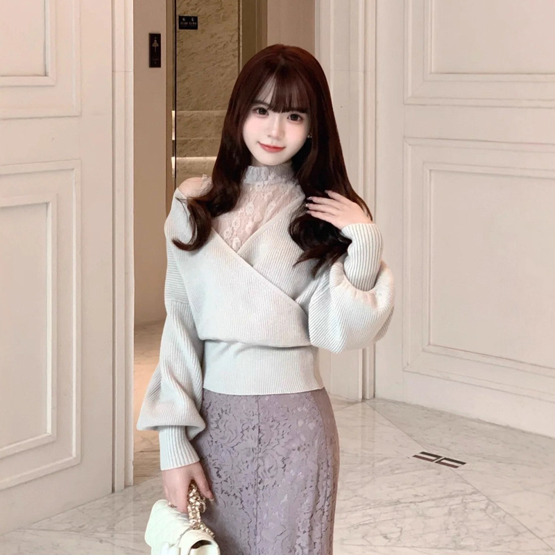 2024 Autumn and Winter New Japanese Cross-border Sweet Solid Color Shoulder Lace Stitching Knitted Sweater 24AB046