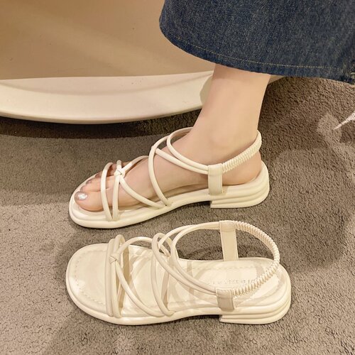 2025 Summer New Flat Sandals for Women, External Wear with Elastic Band, Ankle-Crossing Soft Sole, Student Casual Sandals for Wholesale