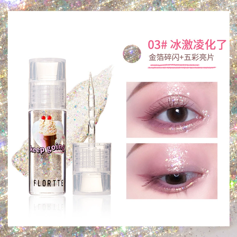 Жидкие тени Flortte с блёстками, аппликатор‑губка, лёгкие отблески