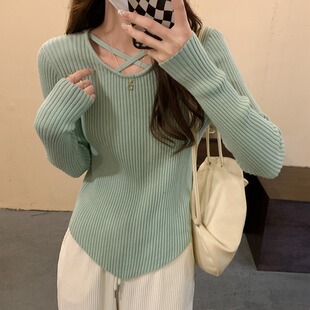 Pure Lust Style Knitted Knitwear for Women in Autumn and Winter New Design Asymmetrical Slim Bottoming Round Neck Inner Top
