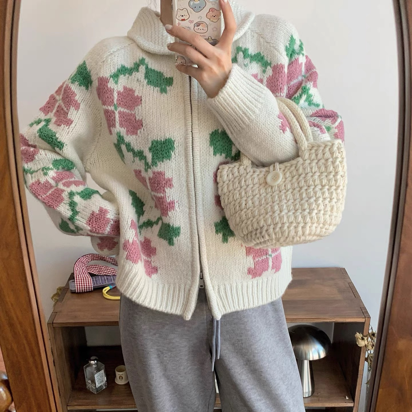 韩国2025秋冬复古重工提花拉链毛衣宽松慵懒加厚小翻领针织外套女