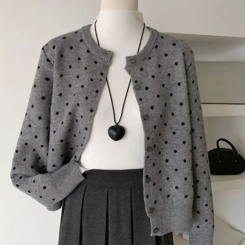 Polka Dot Contrast Color Knit Cardigan For Women, Spring And Autumn...