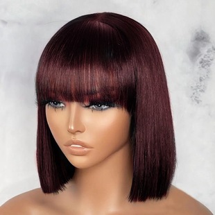 2x4 Human Hair Short Bob Wig Straight With Bang 2x4 real Human Hair set