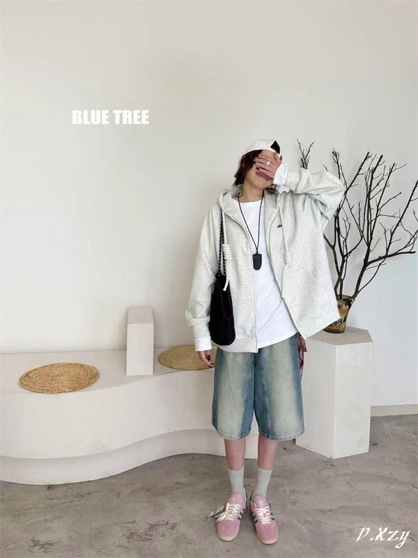 012 BLUE TREE蓝树正品秋季新款慵懒风刺绣字母开衫外套女式帽衫|undefined