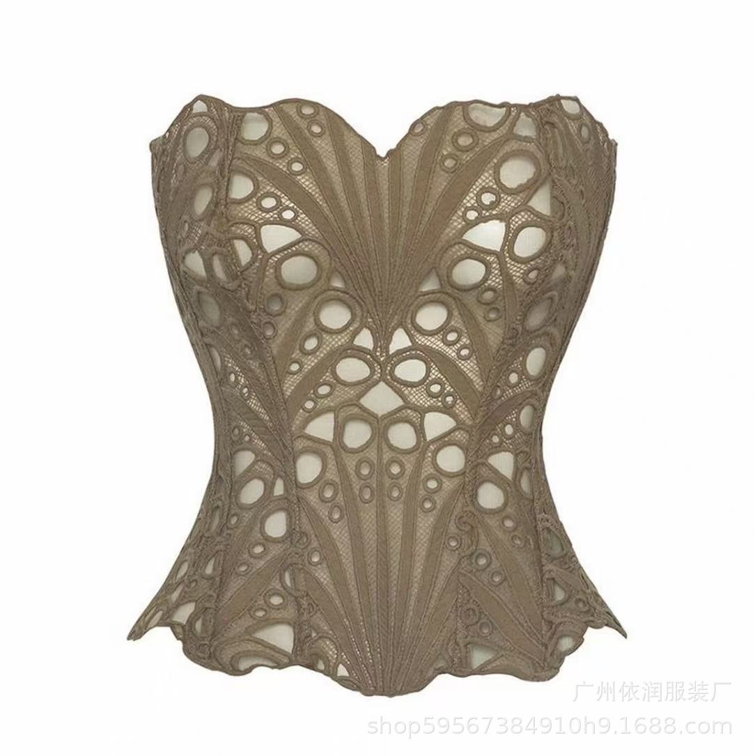 Corte europea y americana plástico malla transpirable impresión de encaje sexy hueco irregular doble ajustamiento corsé