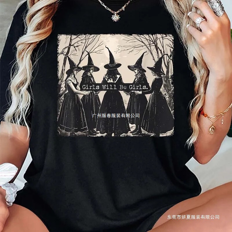 Girls Will Be Girls Witch In The Forest Print Crew Neck T-Shirt Spring Summer Short Sleeve T-Shirt Top Loose Fit Girls Will Be Girls Witch In The Forest Print Crew Neck T-Shirt Spring Summer Short Sleeve T-Shirt Top Loose Fit