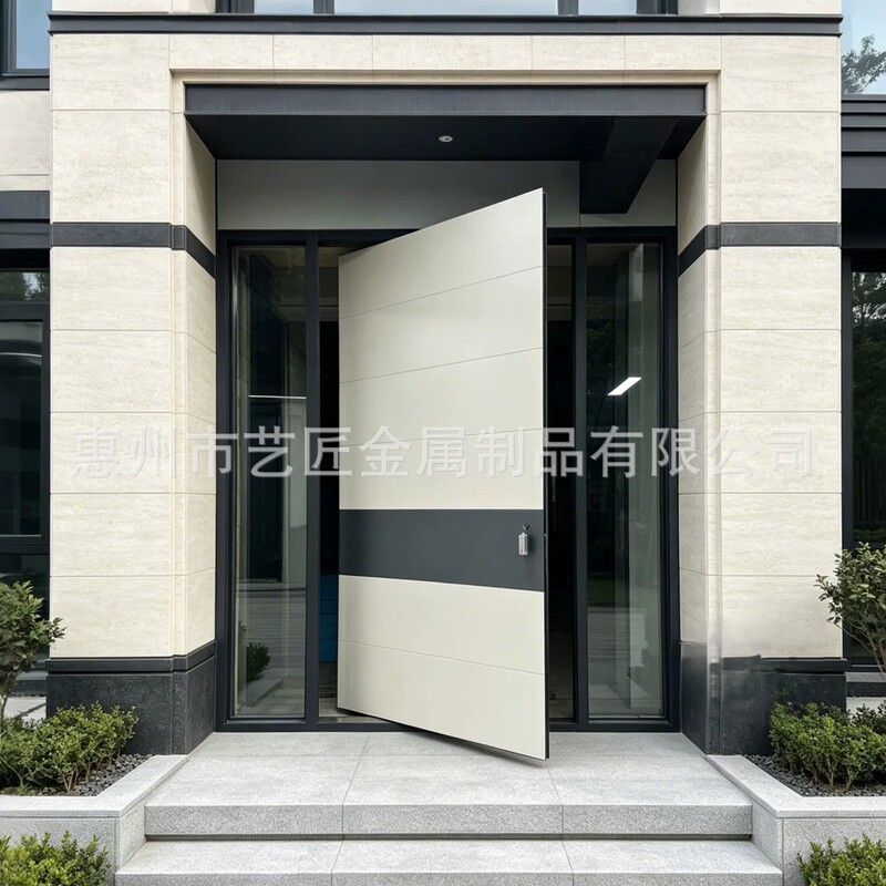 Cast aluminum villa entrance door, double-door design, pivot system, suitable for rural self-built houses, featuring a high-end wooden-grain finish Cast aluminum villa entrance door, double-door design, pivot system, suitable for rural self-built houses, featuring a high-end wooden-grain finish