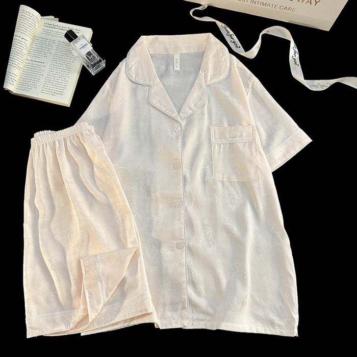 Verano transfronterizo imitación hielo seda KT gato jacquard pijamas pantalones cortos de manga corta para mujer nuevo cárdigan de seda traje fino de servicio a domicilio