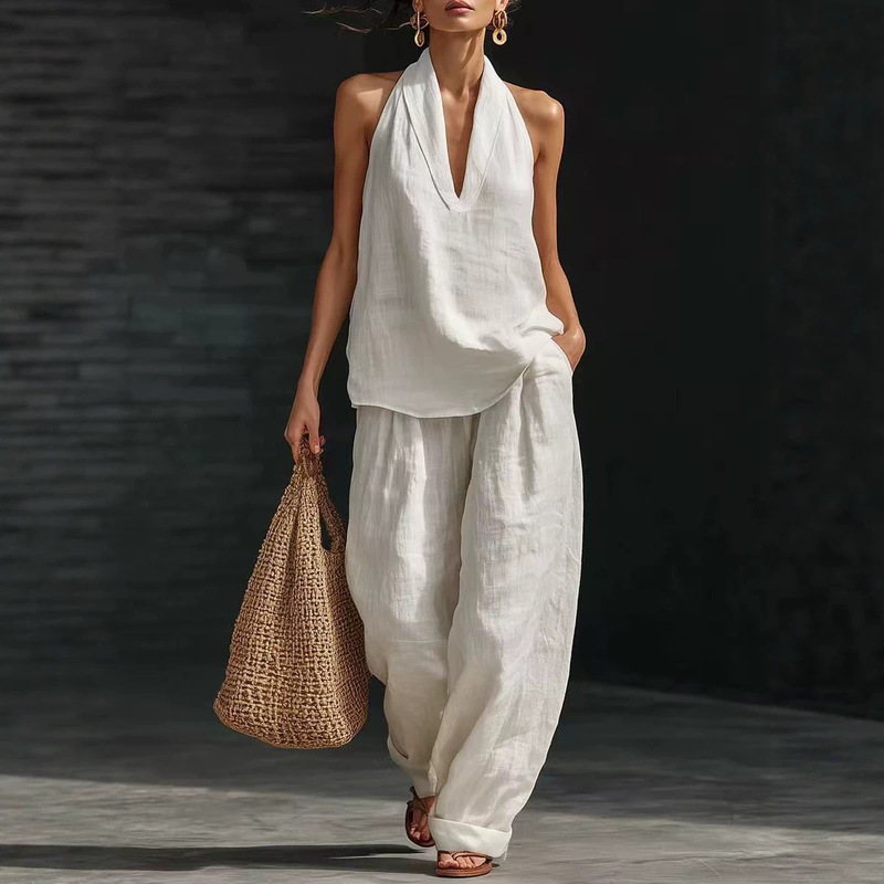 2026 New European and American Style Sleeveless Loose Off-Shoulder Set for Women, Summer Casual Wide-Leg Pants Two-Piece Fashion Trendy Outfit 2026 New European and American Style Sleeveless Loose Off-Shoulder Set for Women, Summer Casual Wide-Leg Pants Two-Piece Fashion Trendy Outfit