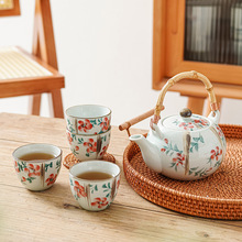 日式茶具套裝手繪高溫陶瓷5頭茶具秋語田園風茶壺茶杯套裝 五件套