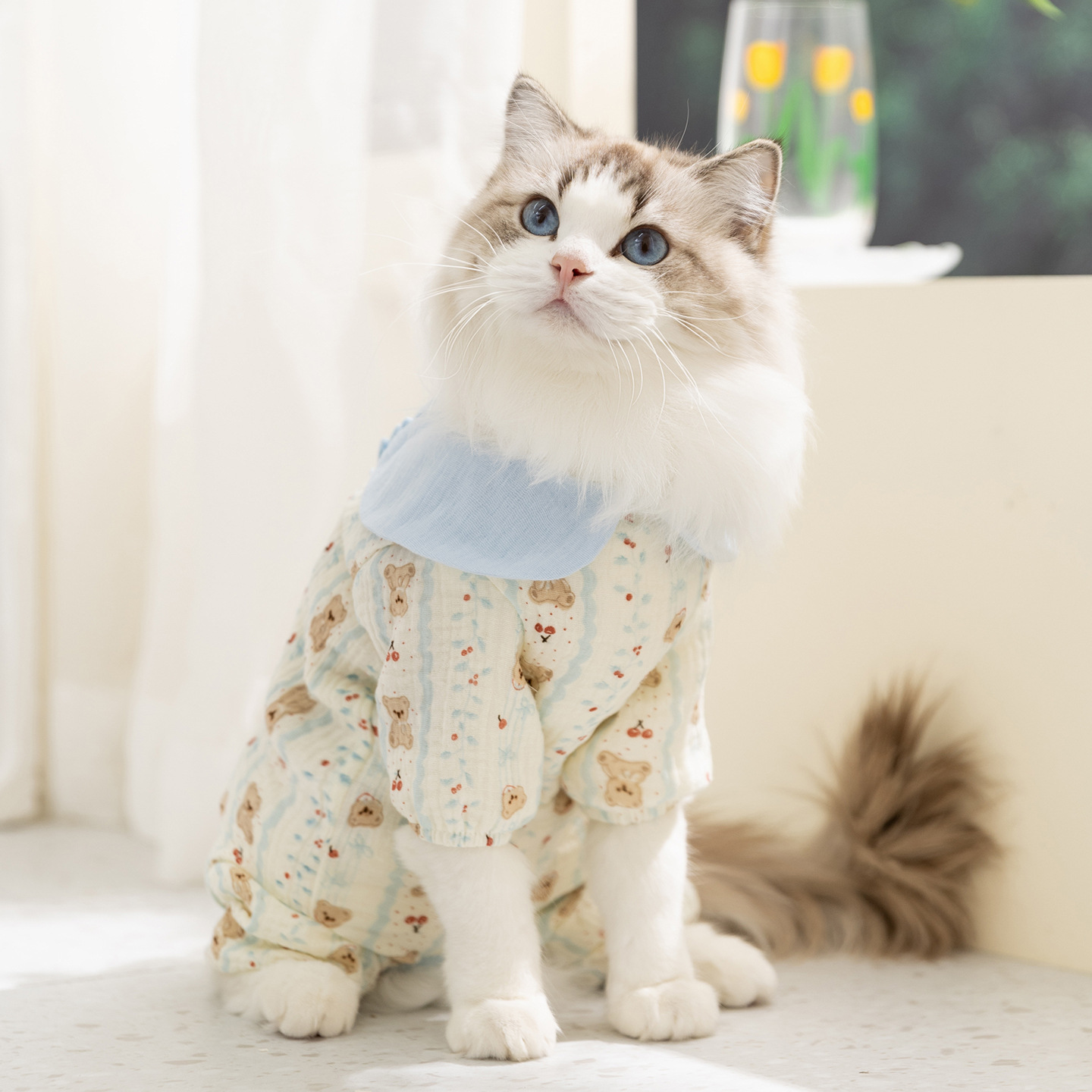 Primavera y verano perros y gatos ropa delgada de cuatro patas bolsas abdominales ropa para el hogar ropa para mascotas Teddy perros pequeños y medianos