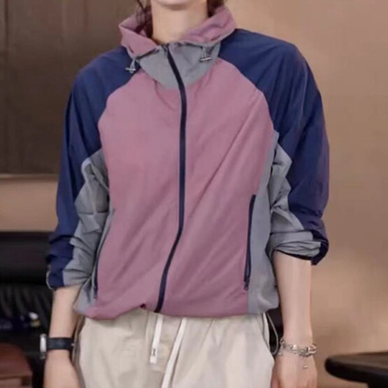 Color-Blocked Hooded Contrast Color Sun Protection Jacket for Women, Thin Summer New Style, Women's Hooded Jacket, Zip-Up Short Top