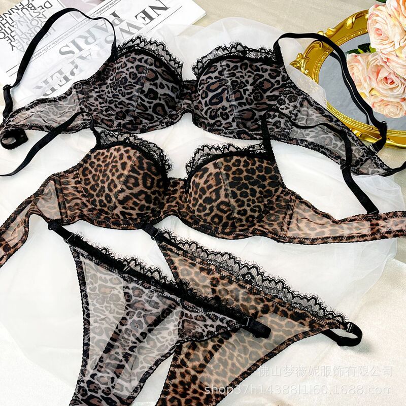Cross-Border European and American French Sexy Underwear Women's Leopard Print Lace Bra Big Breasts Showing Small Anti-Sagging Underwear Set Wholesale