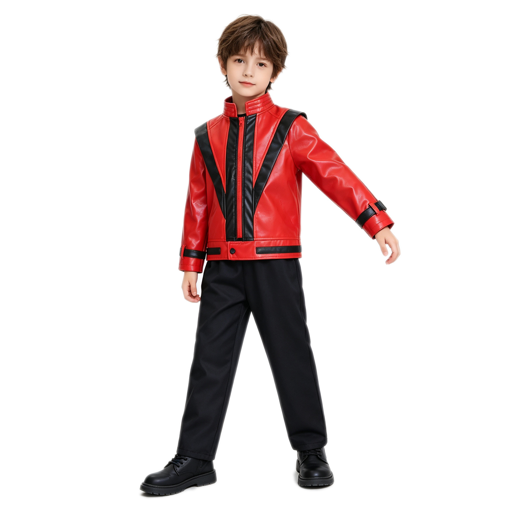 Children's Jackson Trembling Cosplay Costume MJ Red and Black Leather Jacket and Pants Halloween Stage Performance Cosplay Outfit