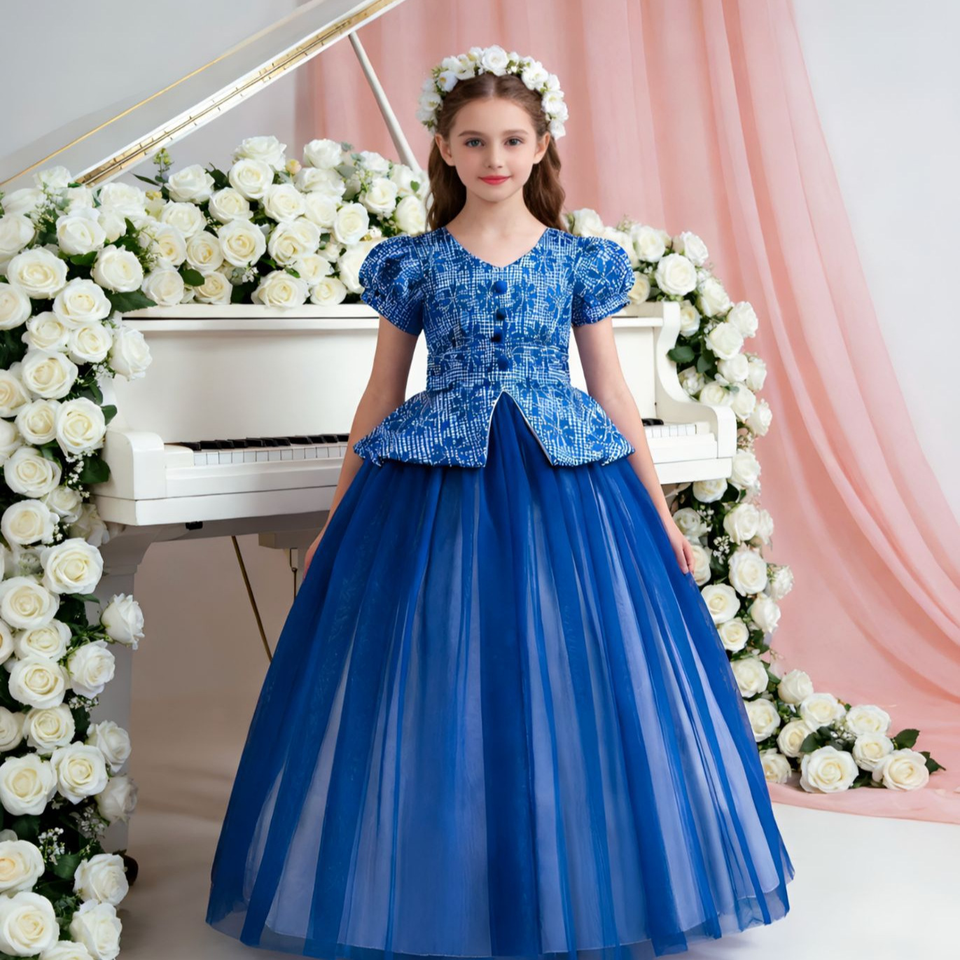 Transfronterizo nuevos niños princesa vestido houndstooth costura malla mullido vestido puff manga niñas etapa traje