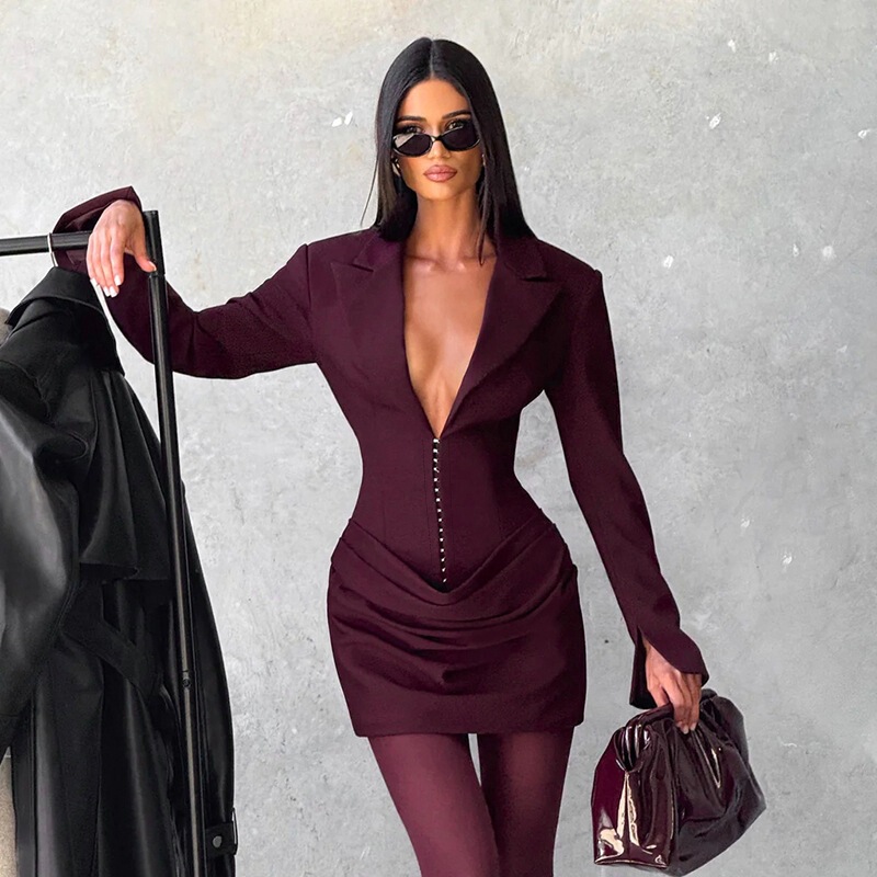 2026 Autumn Deep V-Neck Long Sleeve Dress Slim Fit Bodycon Dress Elegant Mature Style Solid Color Short Dress 2026 Autumn Deep V-Neck Long Sleeve Dress Slim Fit Bodycon Dress Elegant Mature Style Solid Color Short Dress