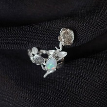 925银欧泊玫瑰戒  可调节 做旧黑复古原创设计