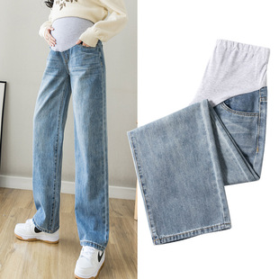 Loose plus size maternity pants spring belly support pants spring wear outer wear Denim wide leg pants fashion all-match pregnant trousers