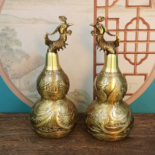 黄铜双凤戏珠葫芦摆饰龙凤呈祥铜葫芦浮雕招财进宝工艺品礼品摆件