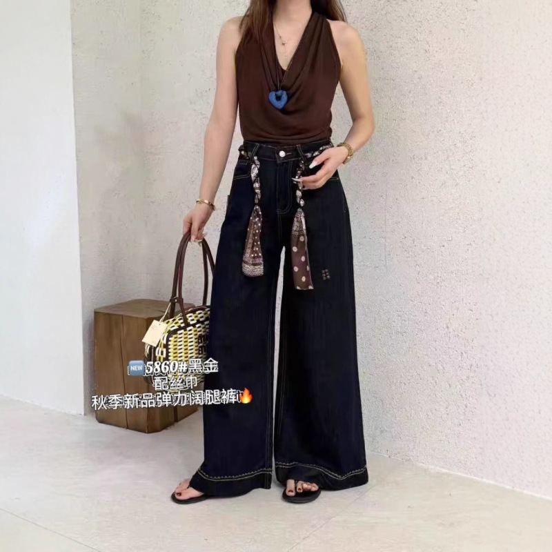 5860秋季新款高弹韩版时尚高腰显瘦丝巾款阔腿牛仔裤女宽松阔腿裤|undefined