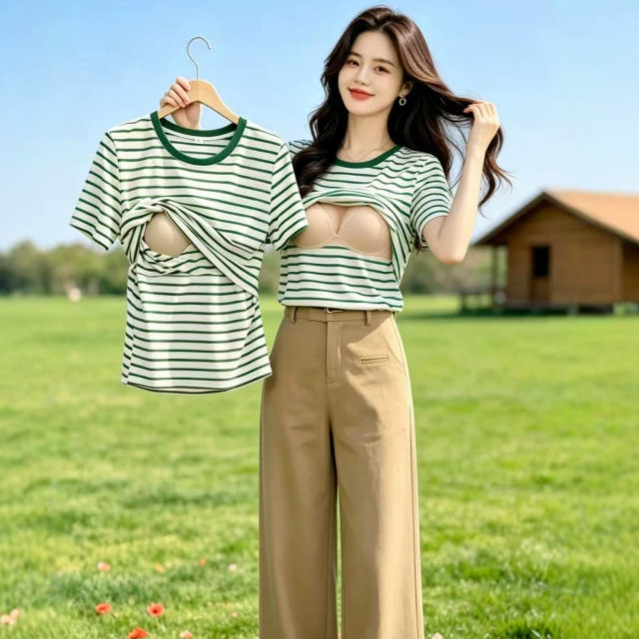 Breastfeeding Tops for Going Out, Loose-Fitting Summer Wear for Stylish Moms, Postpartum Thin Maternity Wear, Versatile Nursing T-Shirt, New Striped Design Breastfeeding Tops for Going Out, Loose-Fitting Summer Wear for Stylish Moms, Postpartum Thin Maternity Wear, Versatile Nursing T-Shirt, New Striped Design