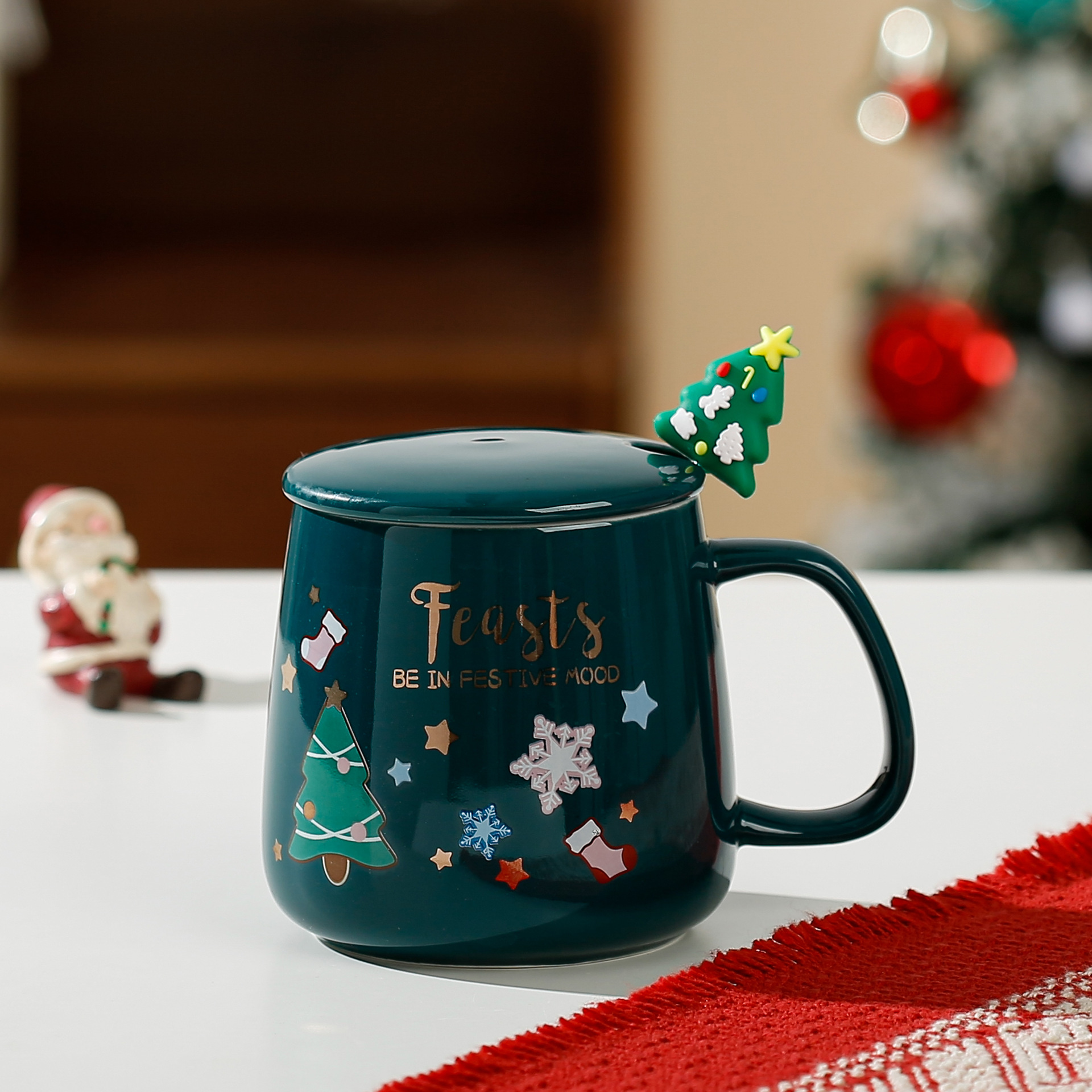Juego de Tazas de Cerámica con Tapa y Cuchara, Taza para Agua, Regalo de Navidad, Recuerdo, Edición Limitada de Navidad