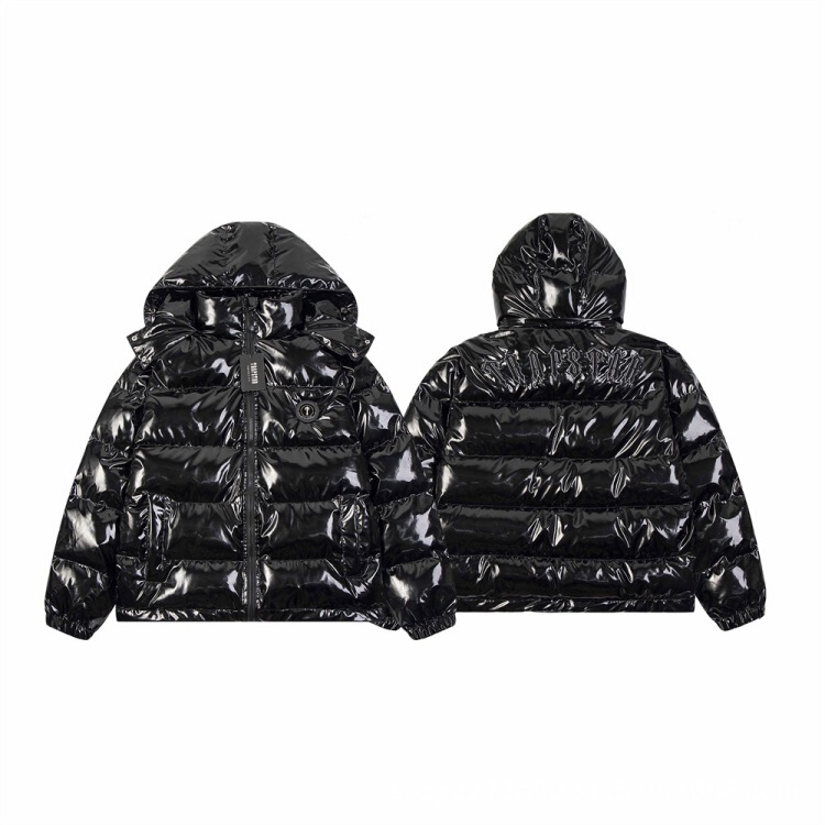 Foreign trade Trapstar new PU leather black bright padded cotton-padded jacket hat detachable jacket couple coat