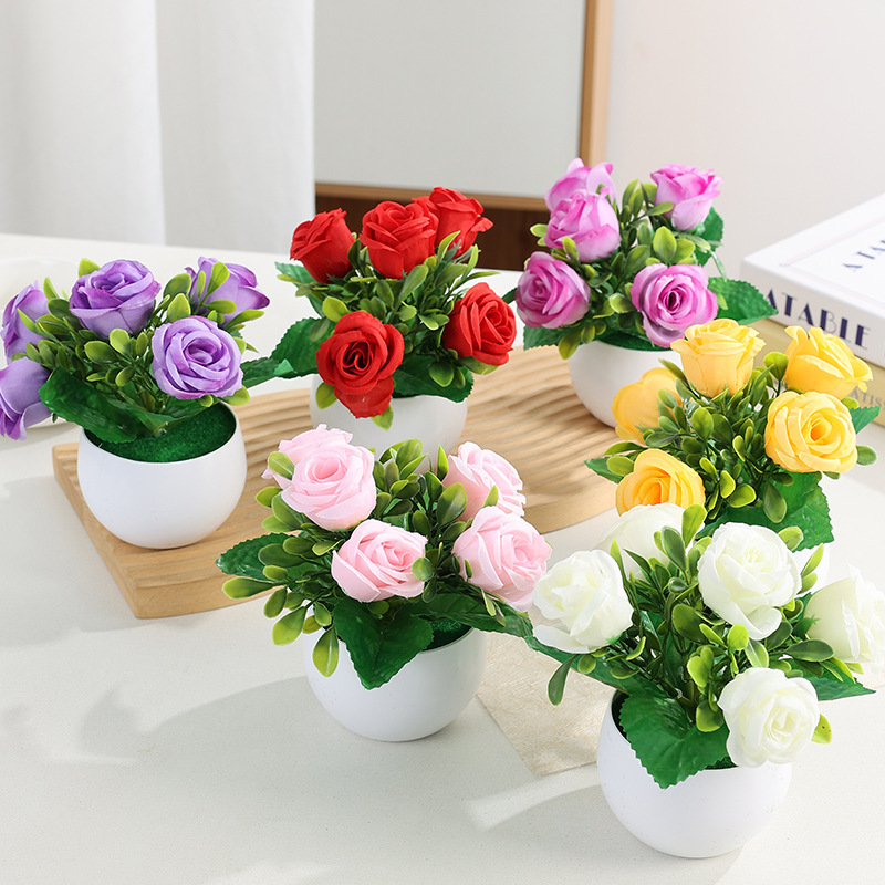 仿真玫瑰花小盆栽桌面装饰仿真花小摆件婚礼布置仿真花假花植物|undefined