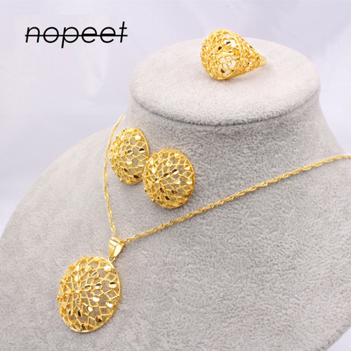 NOPEET Dubai Gold Jewelry Set African Wedding Accessories Indian Bride Necklace Earrings Ring Three-Piece Set