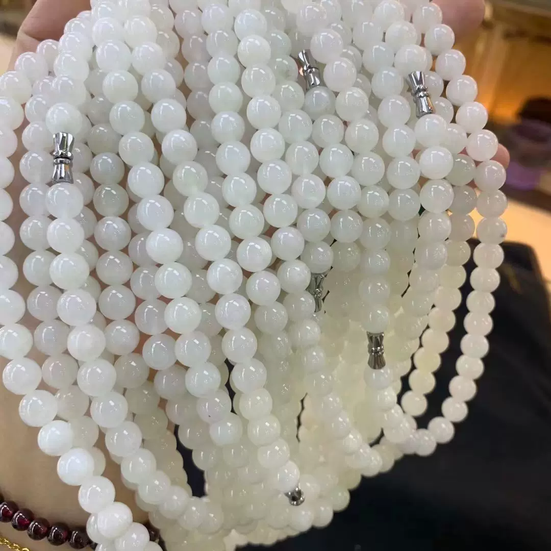 直播标品 新疆大白料和田玉8mm项链 DIY手作百搭白玉圆珠配老山檀