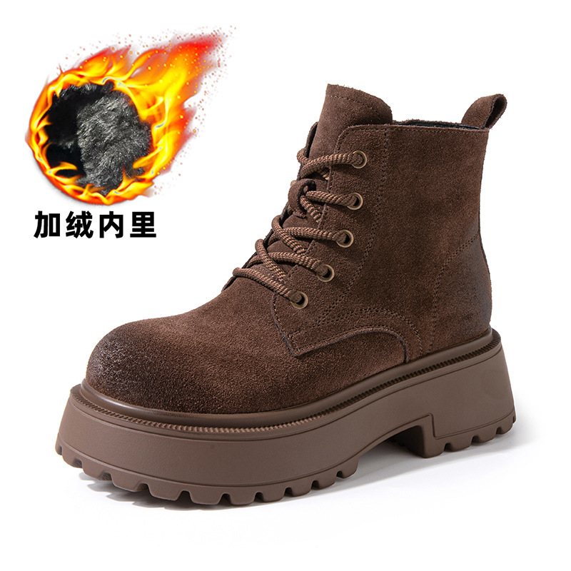 时尚厚底增高马丁靴女2025秋季新款复古显瘦擦色短靴系带大黄靴子|undefined