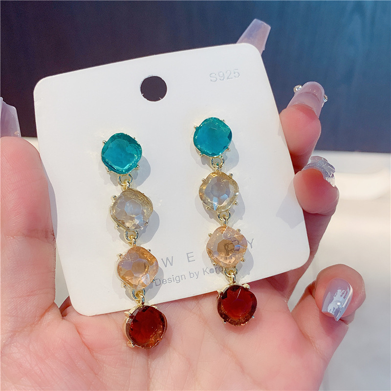 Palace style elegant fashion earrings colorful gem shining crystal earrings long personalized tassel temperament earrings for women