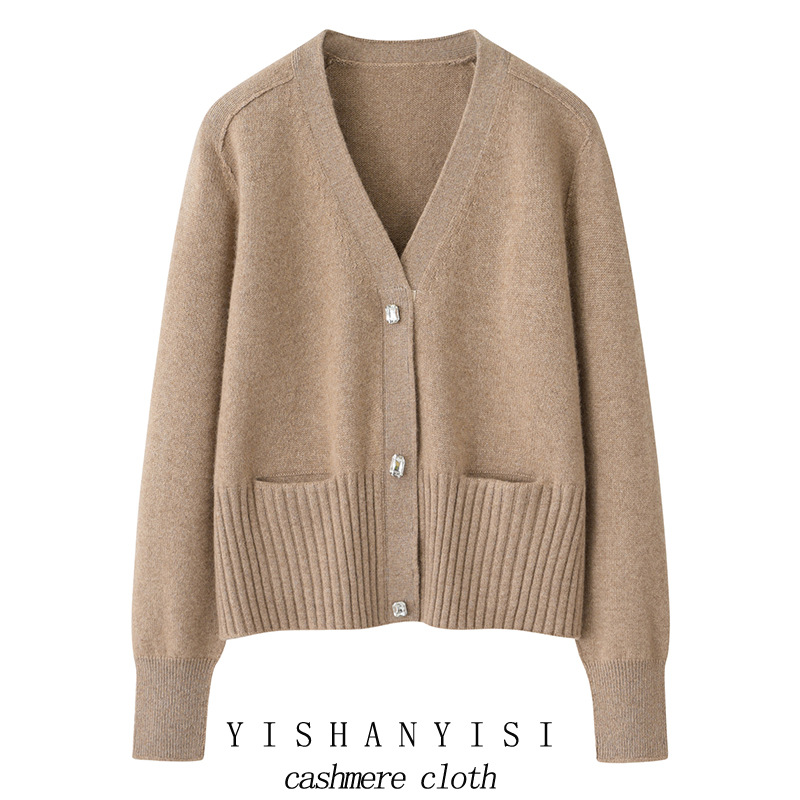 内蒙古420克100纯山羊绒V领开衫加厚三粒扣纯色宽松毛衣外套上衣