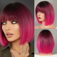 跨境黑色渐变玫红色假发 百搭波波头齐刘海假发 高温丝化纤短假发