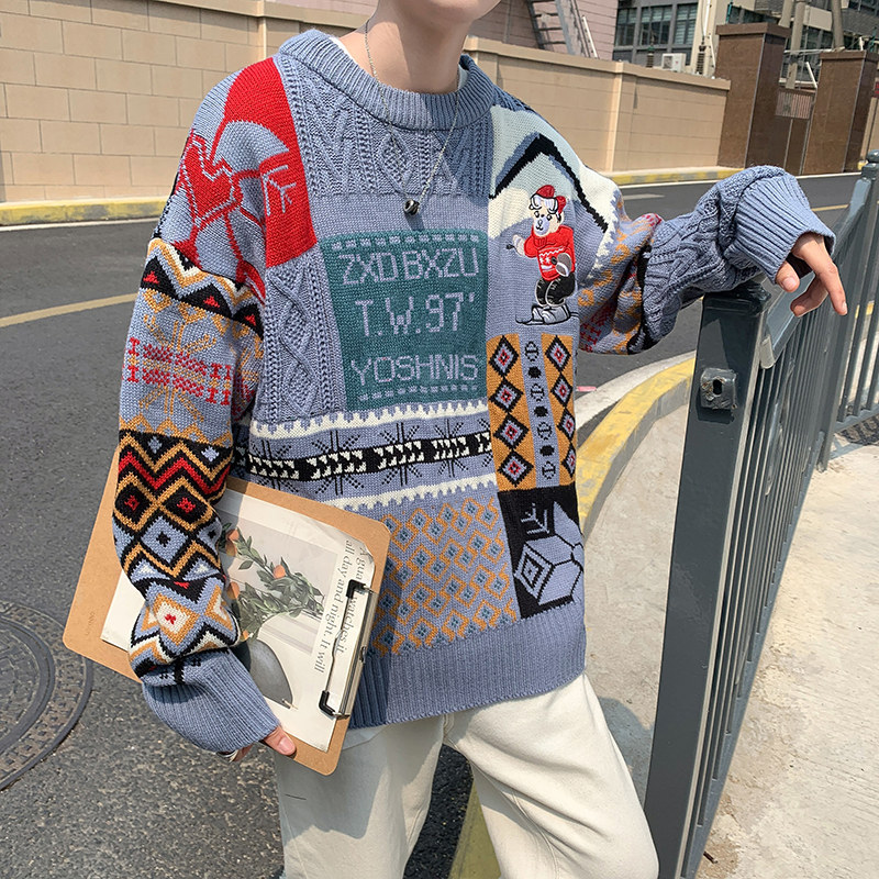 Suéter navideño para parejas, suéter de cuello redondo para hombre, estilo exportación, holgado, para otoño e invierno, suéter tipo cuello alto, abrigo grueso y cálido para jóvenes