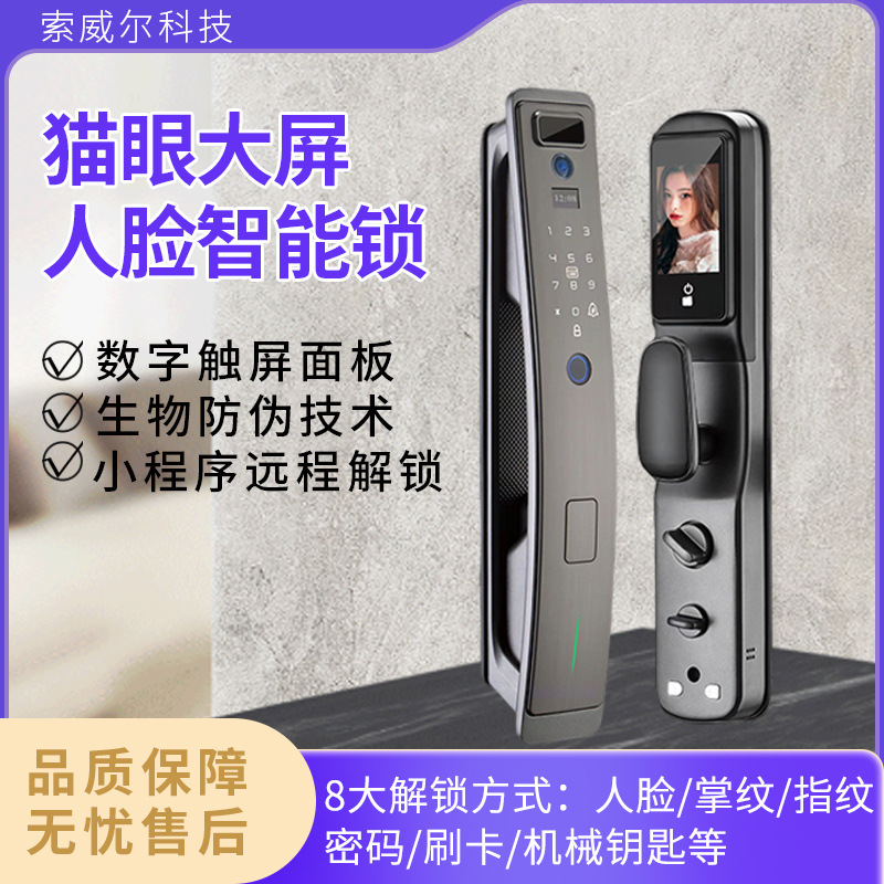 3D人脸识别智能门锁木门指纹锁猫眼大屏小程序WiFi智能锁防盗安全