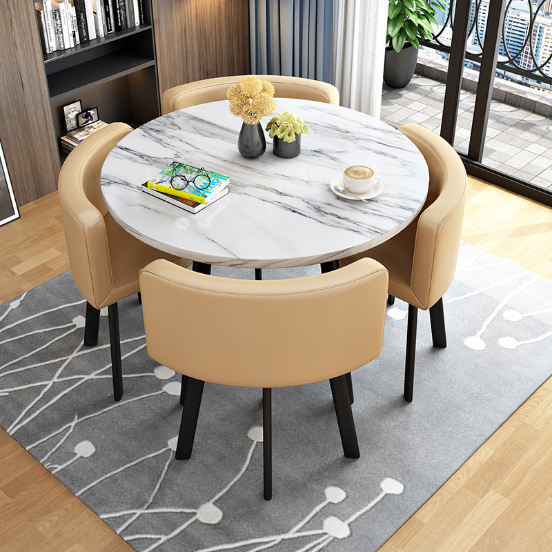Khaki 80cm round table + 4 leather chairs