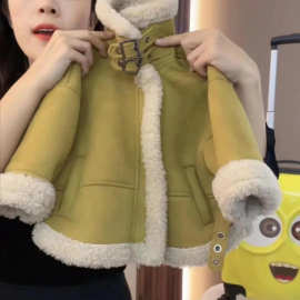 包邮儿童秋冬外套韩国超酷机车款皮毛一体绒男女童防风保暖加时尚