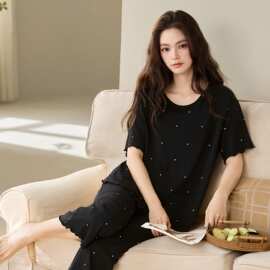 夏季新款莫棉女短袖七分裤套头睡衣运动休闲女家居服图片色莫代尔