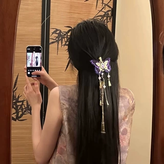 2026新款「紫桧蝶影」复古紫色蝴蝶流苏发夹女后脑勺发卡古风发饰
