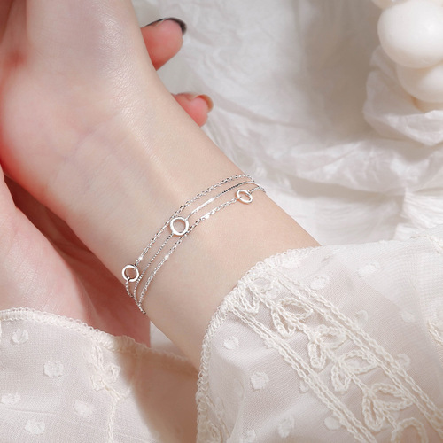 925 Silver Three-Layer Round Circle Bracelet for Women, Minimalist Cool Style, Friend Bracelet, Hollow Design for Women Students, Versatile and Forest System Bracelet
